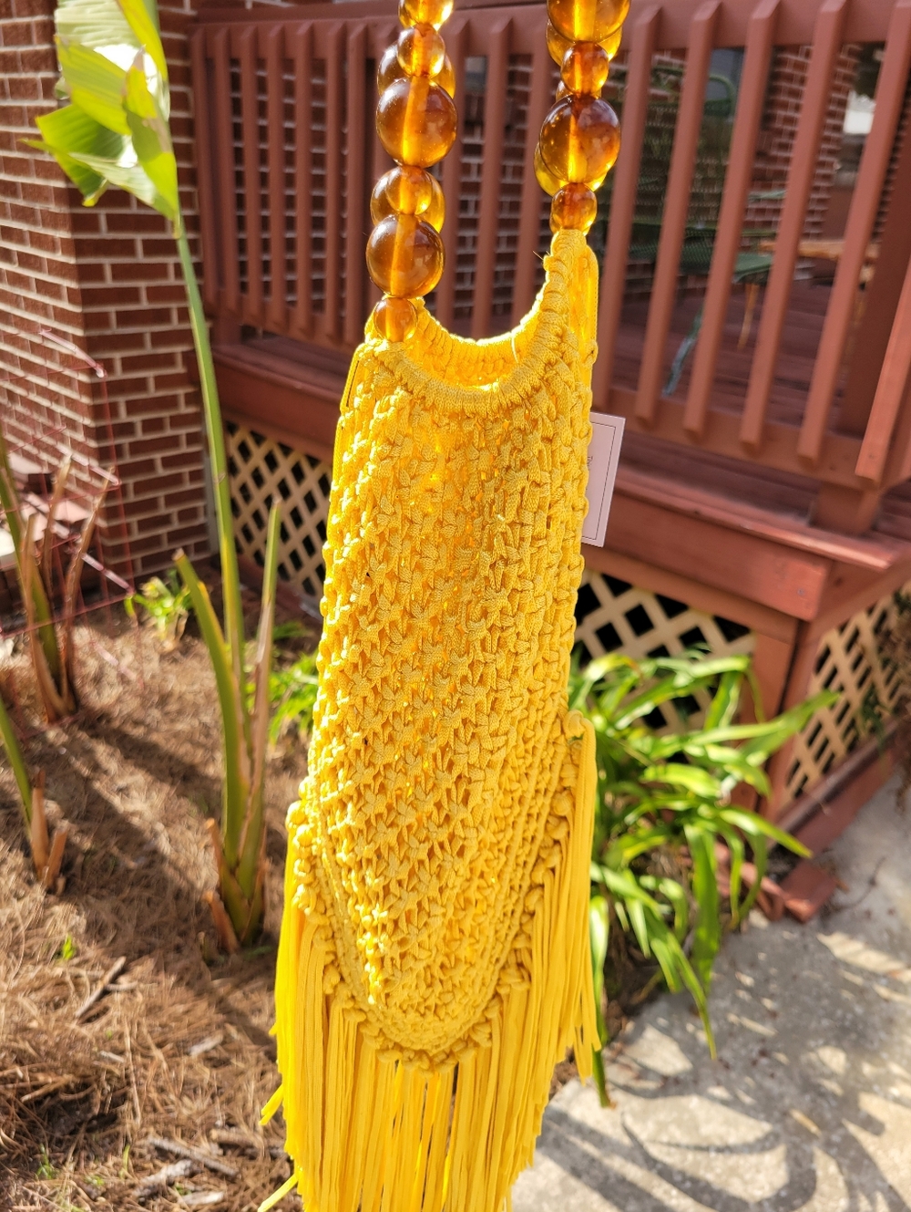 Handmade Yellow Fringe Crochet Tote with Beaded Handles